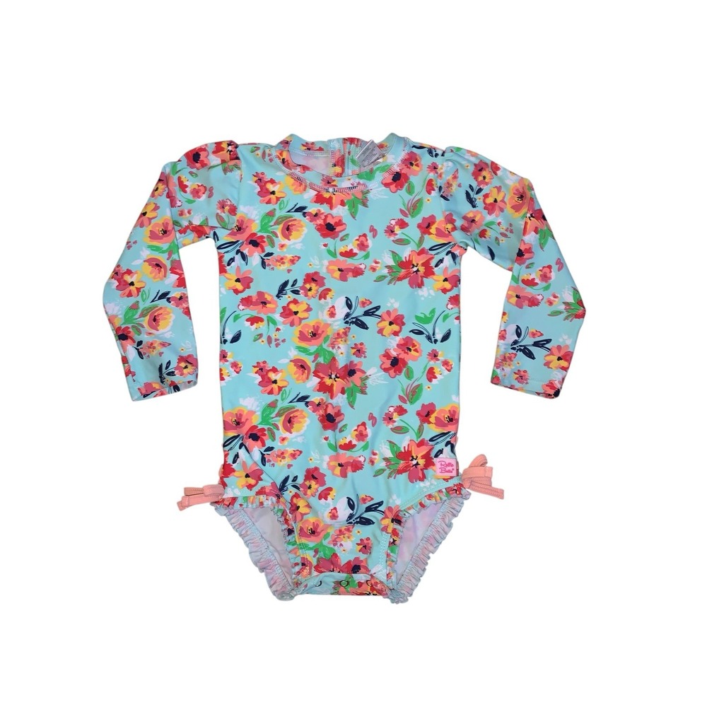 RuffleButts Swimsuit Kids 3T Blue Floral Long Sleeve Rash Guard Ruffle
UPF 50+